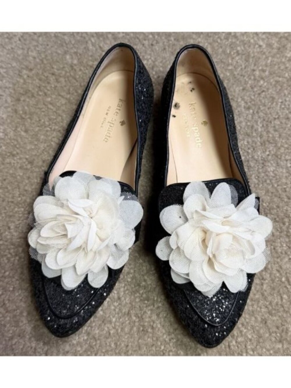 Kate Spade Cinda Glitter Sparkle Black Leather Loafers Flats Size 5 Flower Bow